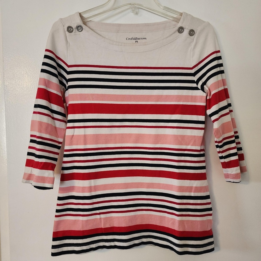 Croft & Barrow Striped Boat Neck 3/4 Sleeve Top Pink White Red Navy Petite Small